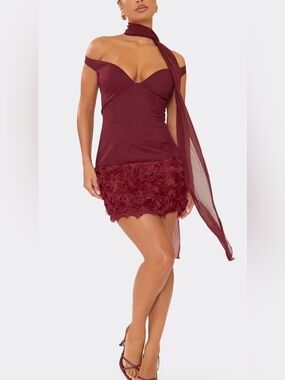 EGO Scarf Detail Floral Applique Panel Mini Dress Plum Size US 8 NWT IN PKG